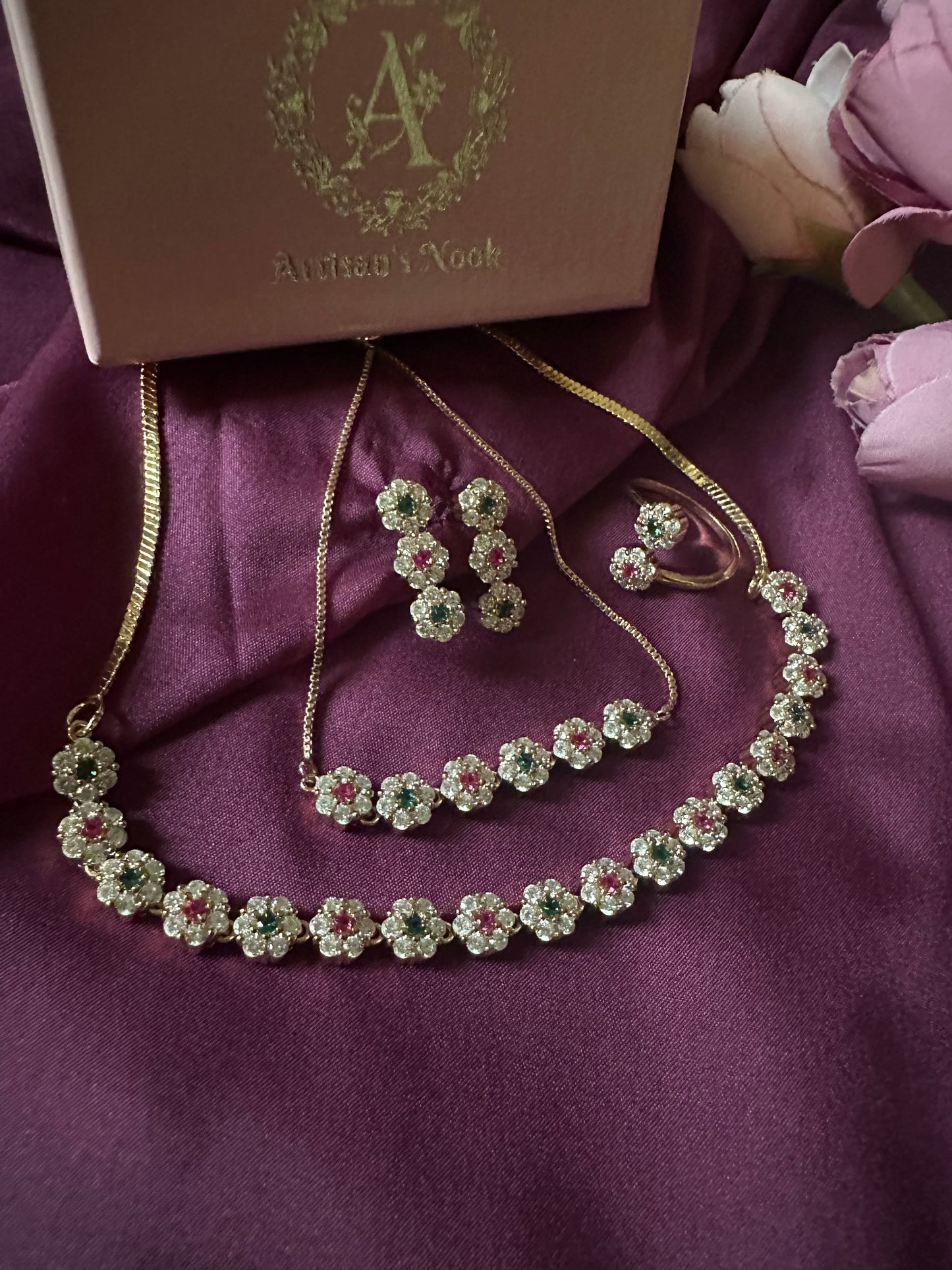 Floral Cascade ~ Green/Ruby
